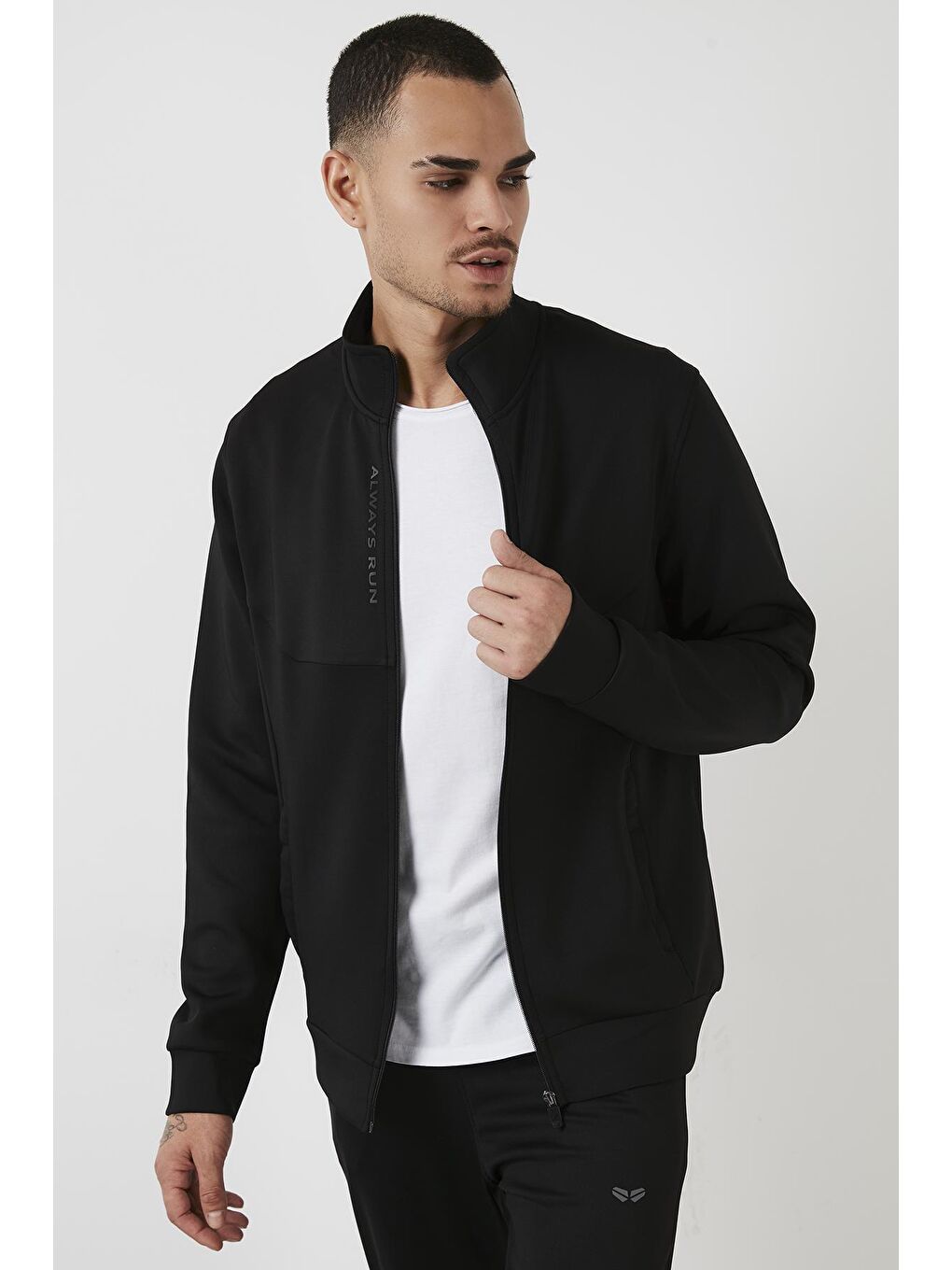 Siyah Pamuklu Dik Yaka Cepli  Erkek Fermuarlı Sweatshirt Hırka 5652150-1