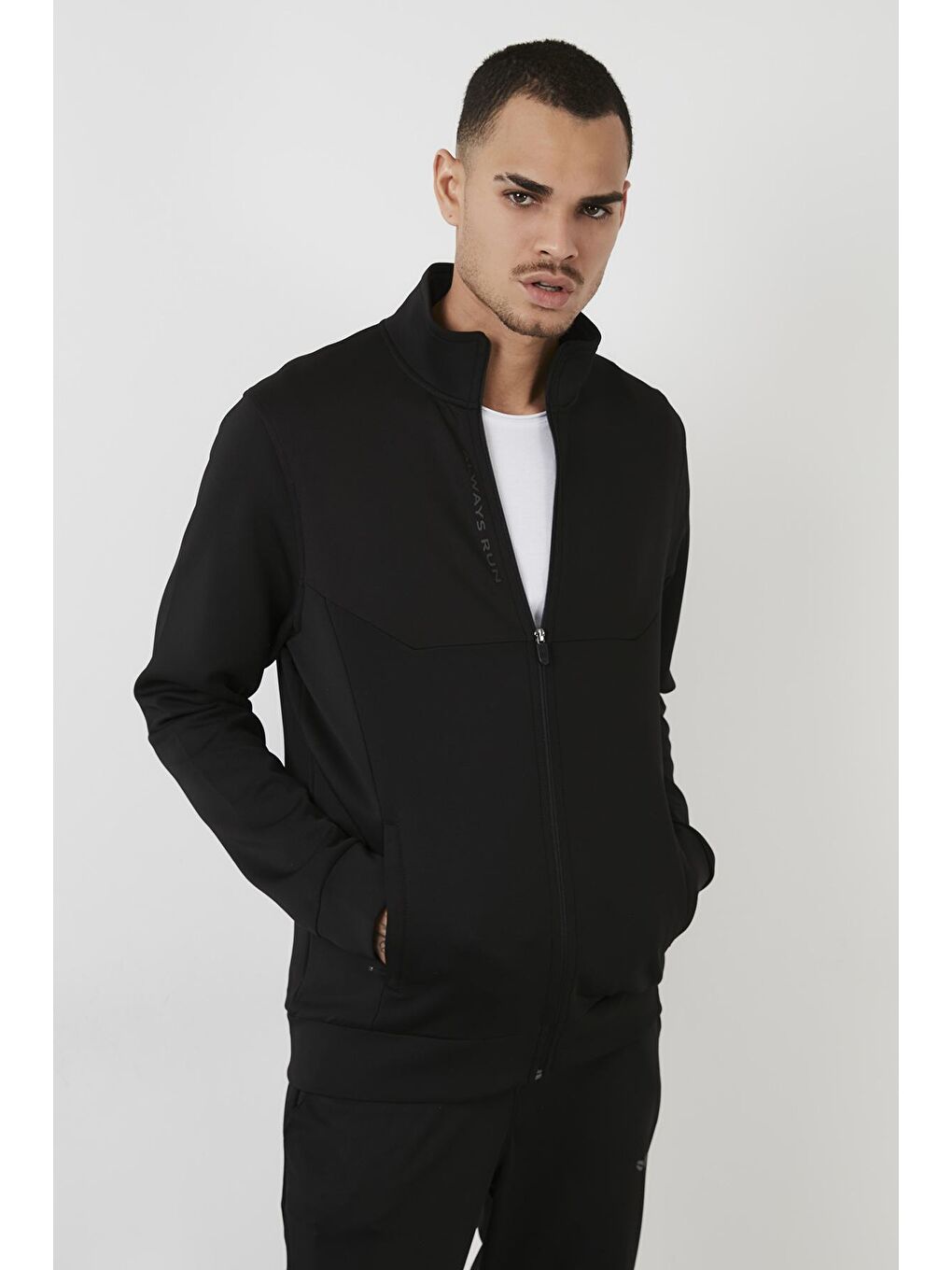 Siyah Pamuklu Dik Yaka Cepli  Erkek Fermuarlı Sweatshirt Hırka 5652150-2