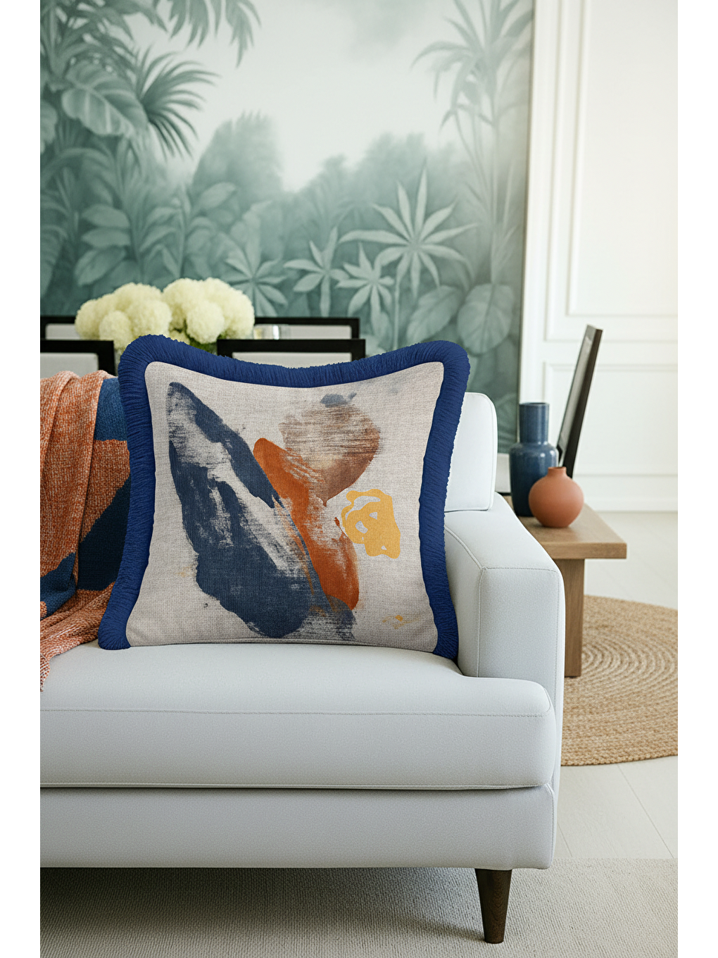 Karışık Soyut Lüks Saçaklı Yastık Kılıfı - Modern Mavi Turuncu Altın Renkli Püsküllü Kırlent Kılıfı-3