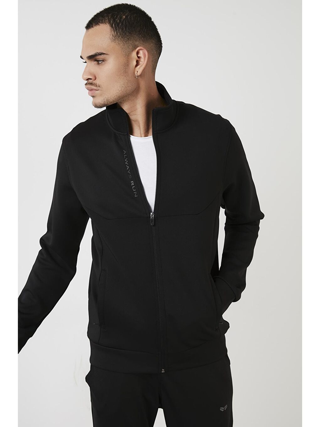 Siyah Pamuklu Dik Yaka Cepli  Erkek Fermuarlı Sweatshirt Hırka 5652150-3