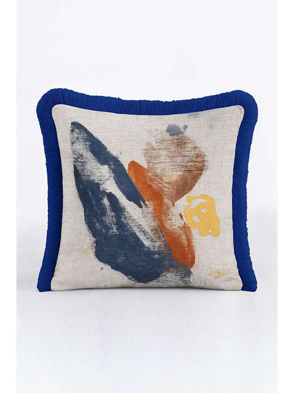 Karışık Soyut Lüks Saçaklı Yastık Kılıfı - Modern Mavi Turuncu Altın Renkli Püsküllü Kırlent Kılıfı-4