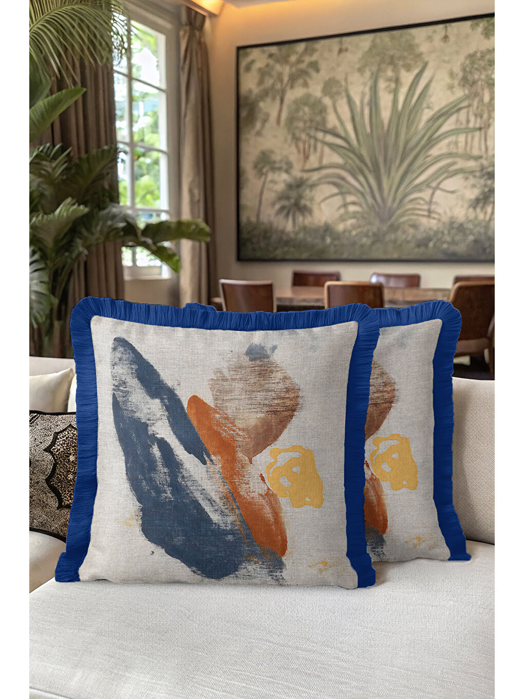 Karışık Soyut Lüks Saçaklı Yastık Kılıfı - Modern Mavi Turuncu Altın Renkli Püsküllü Kırlent Kılıfı-5