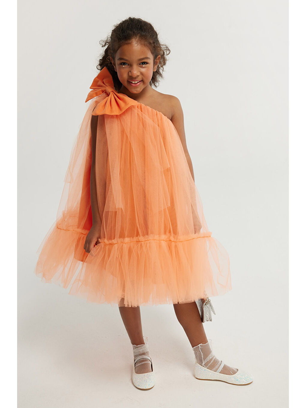 Turuncu Tek Omuzlu Fiyonklu Kız Çocuk Tül Elbise - Orlene
