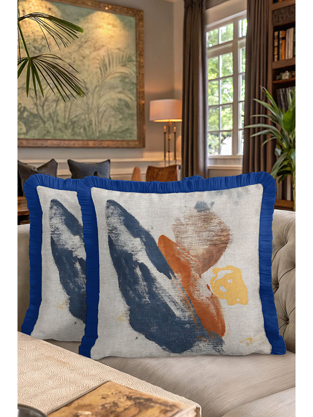 Karışık Soyut Lüks Saçaklı Yastık Kılıfı - Modern Mavi Turuncu Altın Renkli Püsküllü Kırlent Kılıfı-7