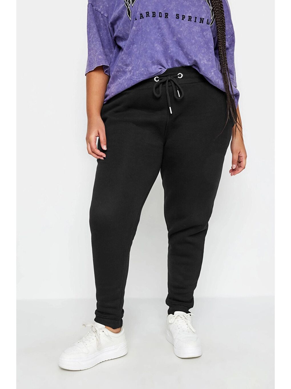 Siyah Büyük Beden Beli Ve Paçası Lastikli Dar Paça Jogger Eşofman Altı 302754-1