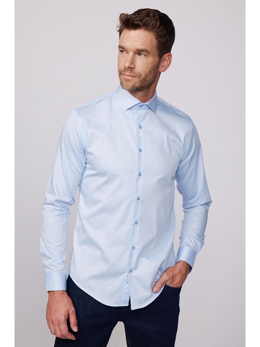 Erkek Slim Fit Dar Kesim %100 Pamuk Pamuk Saten Premium Seri Mavi Gömlek-2