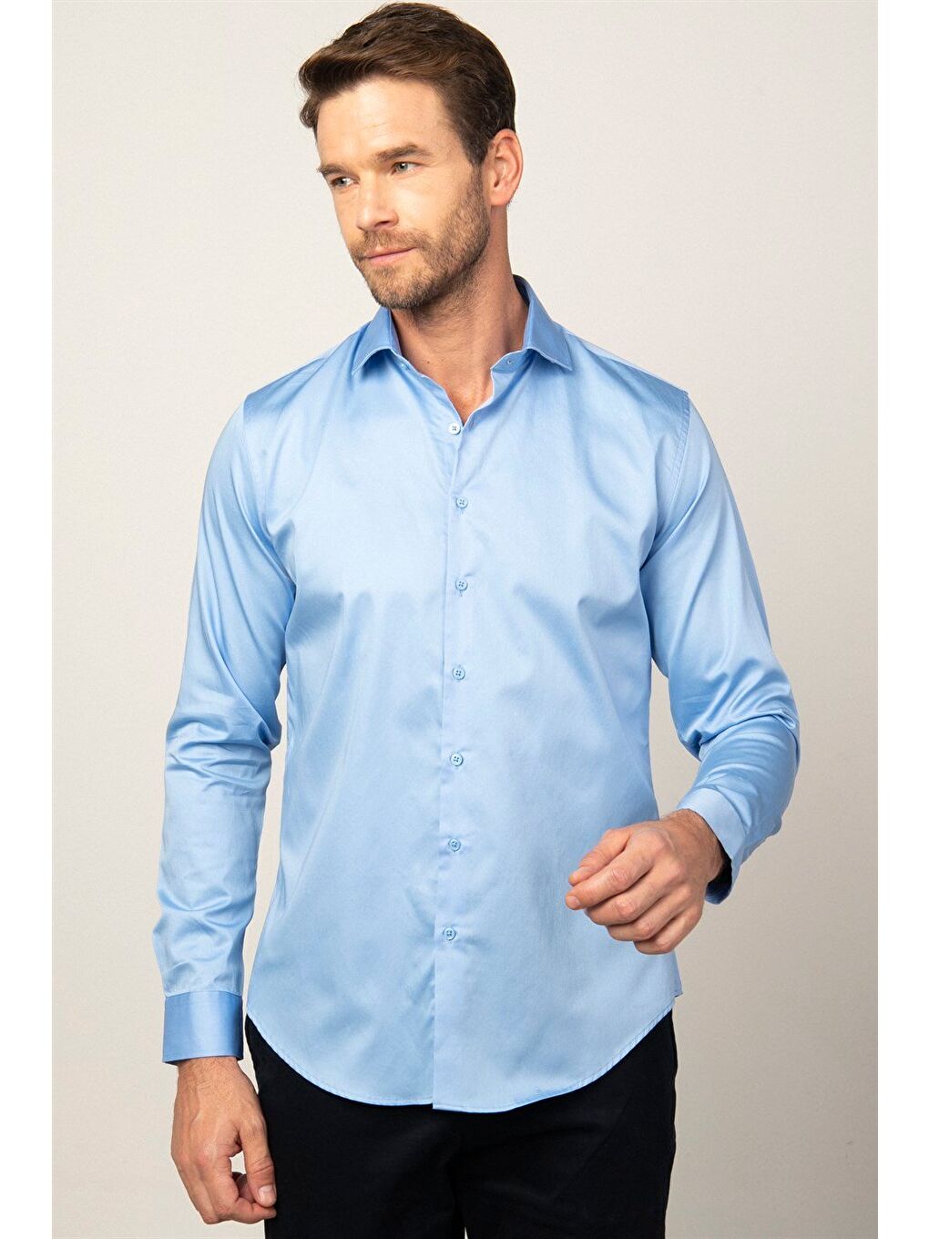 Erkek Slim Fit Dar Kesim %100 Pamuk Pamuk Saten Premium Seri Mavi Gömlek