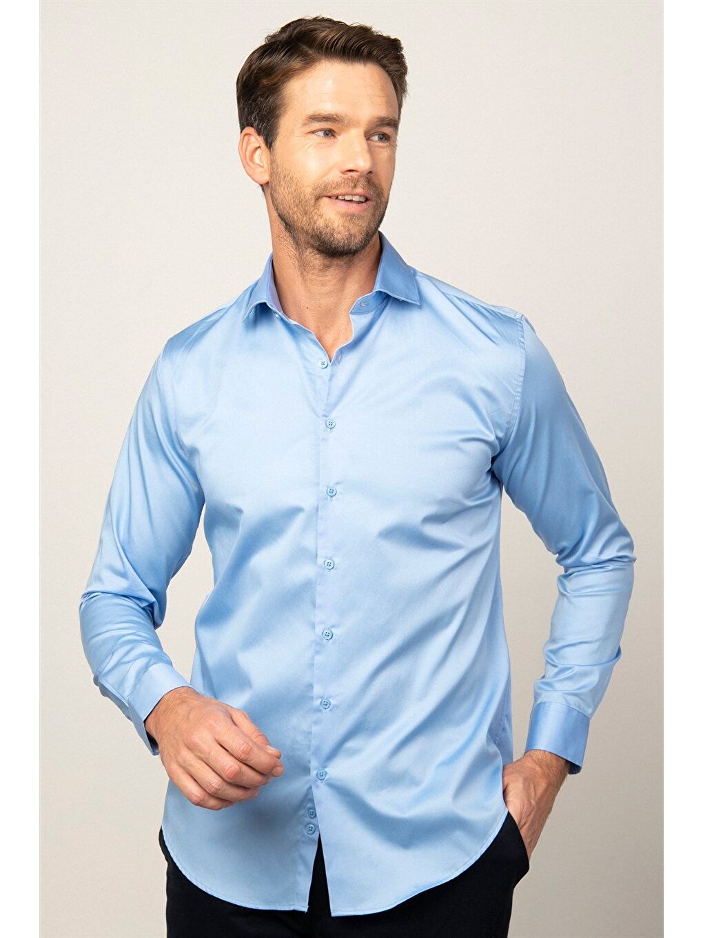 Erkek Slim Fit Dar Kesim %100 Pamuk Pamuk Saten Premium Seri Mavi Gömlek-1