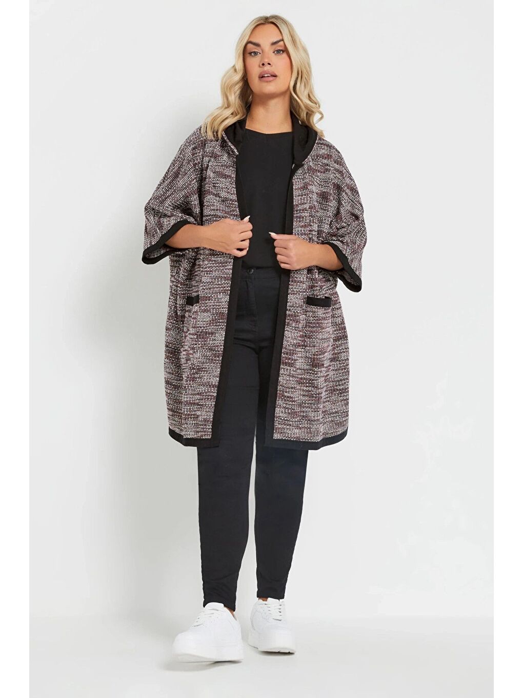 Bordo Büyük Beden Yumuşak Dokulu Yarım Kollu Cepli Kapüşonlu Hırka 301796-1