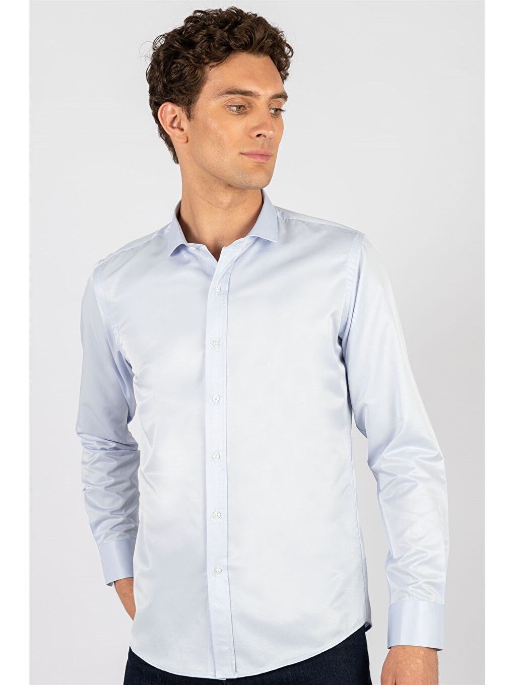 Modern Slim Fit Uzun Kollu Düz Saten Pamuklu Erkek Mavi Gömlek-1