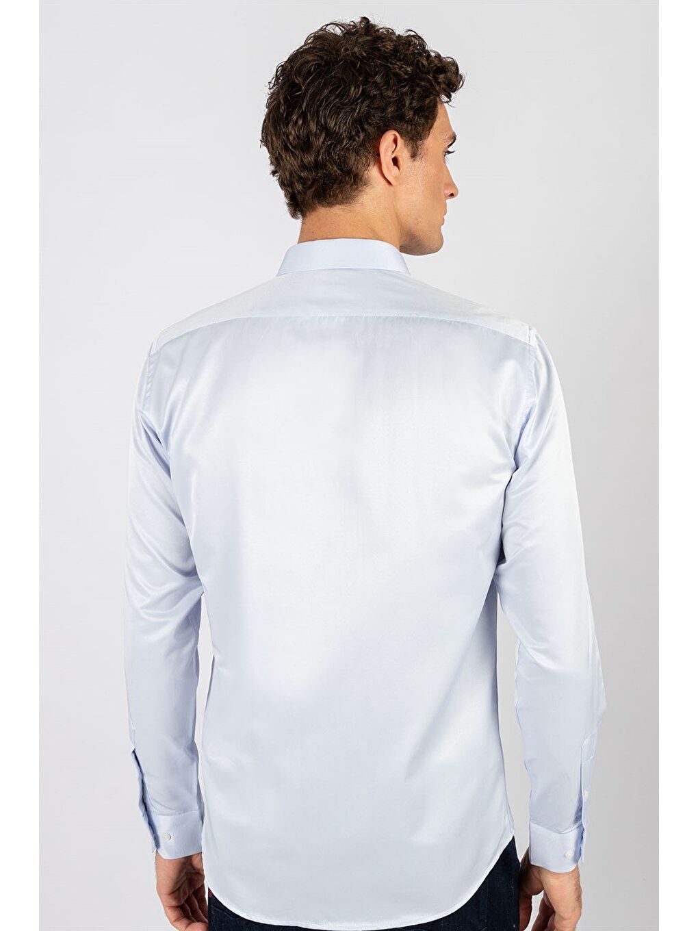 Modern Slim Fit Uzun Kollu Düz Saten Pamuklu Erkek Mavi Gömlek-3