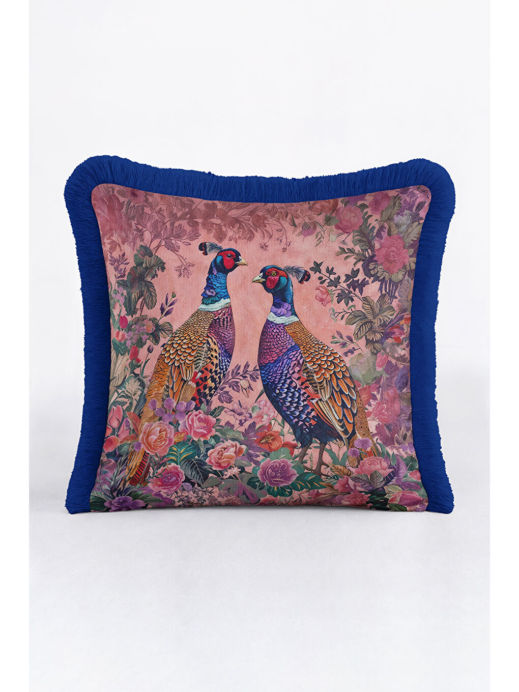 Karışık Lüks Vintage Kuşlu Saçaklı Yastık Kılıfı – Çiçek Bahçesi Bohem Lacivert Püsküllü Kırlent Kılıfı