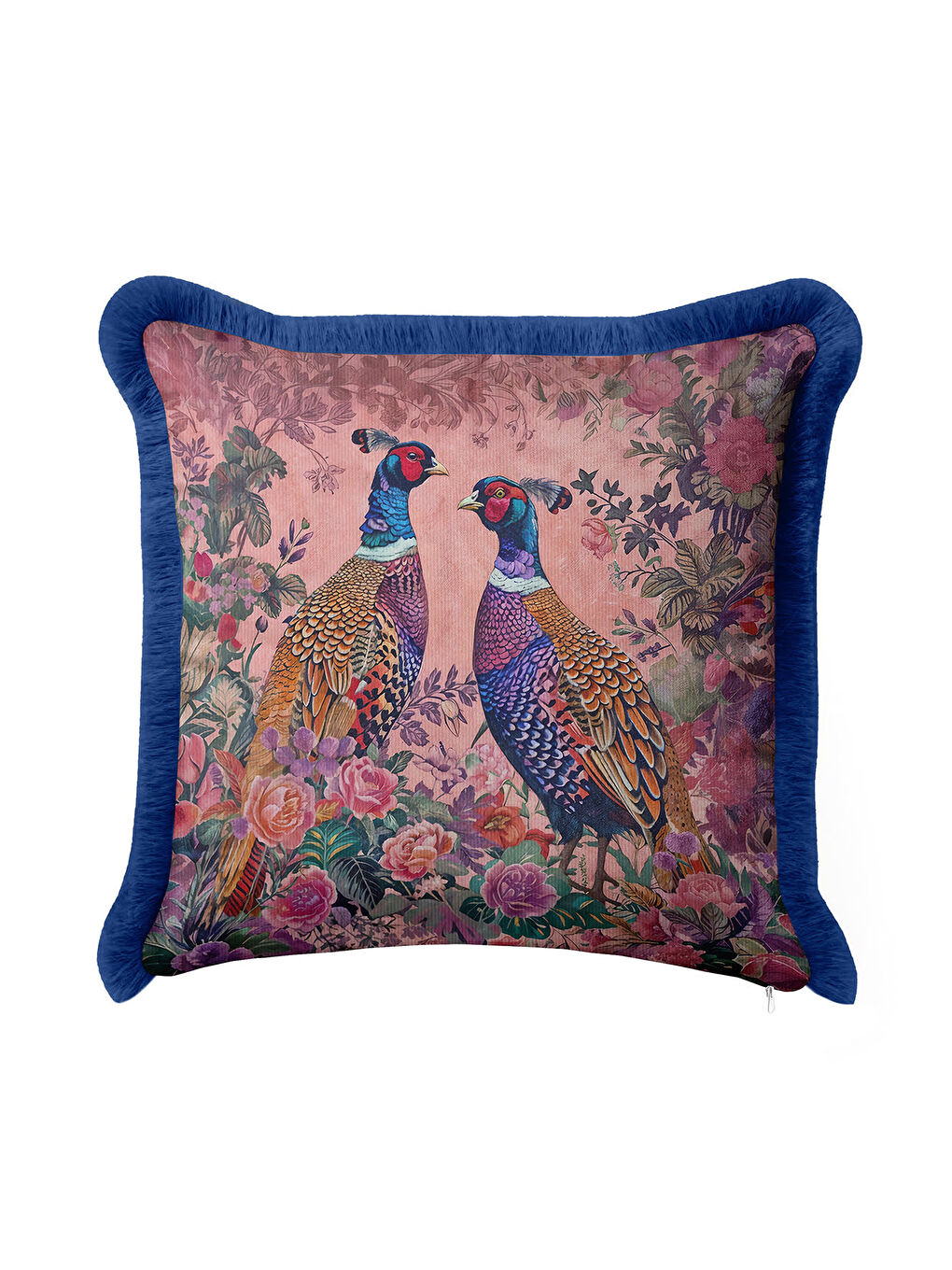 Karışık Lüks Vintage Kuşlu Saçaklı Yastık Kılıfı – Çiçek Bahçesi Bohem Lacivert Püsküllü Kırlent Kılıfı-1