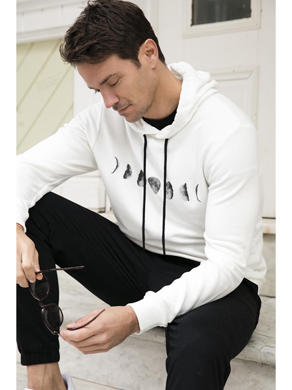 Ekru Pamuklu Baskılı Kapüşonlu Slim Fit Erkek Hoodie 5905238-1