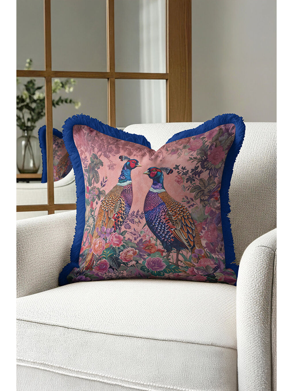 Karışık Lüks Vintage Kuşlu Saçaklı Yastık Kılıfı – Çiçek Bahçesi Bohem Lacivert Püsküllü Kırlent Kılıfı-2