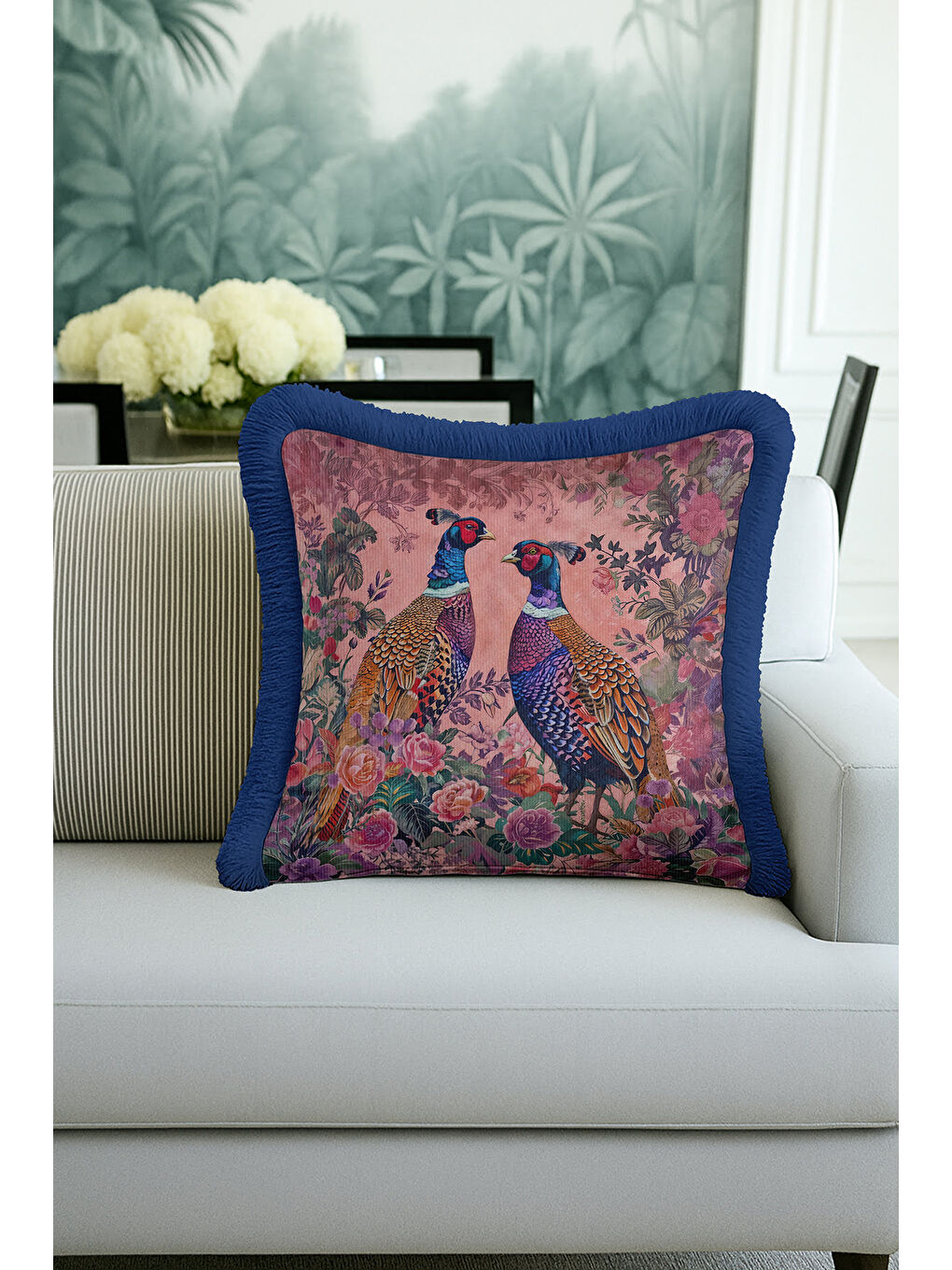 Karışık Lüks Vintage Kuşlu Saçaklı Yastık Kılıfı – Çiçek Bahçesi Bohem Lacivert Püsküllü Kırlent Kılıfı-3