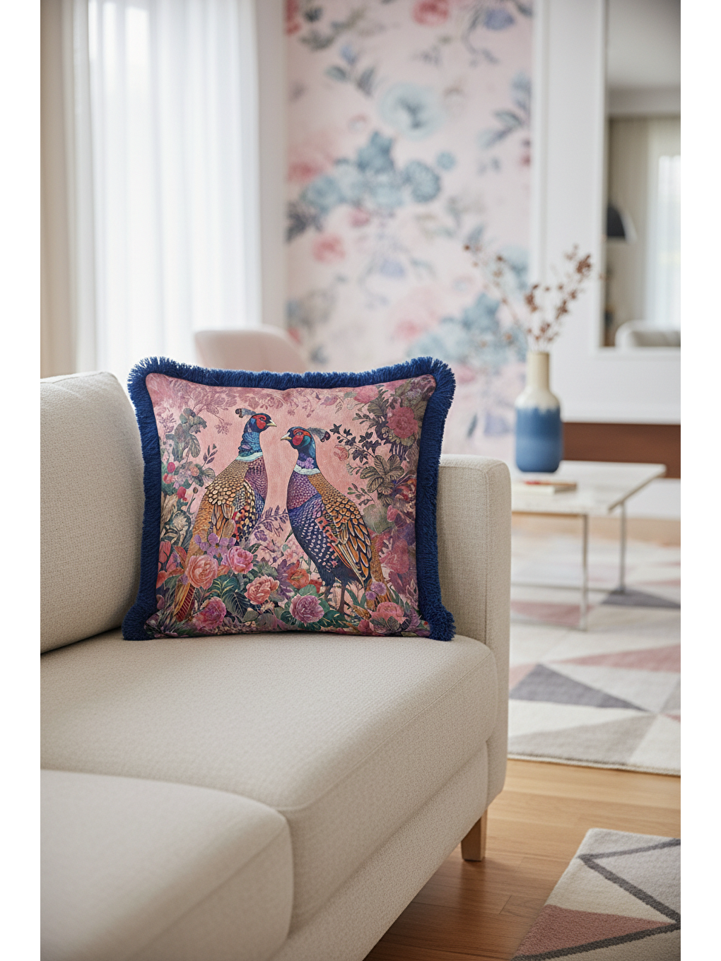 Karışık Lüks Vintage Kuşlu Saçaklı Yastık Kılıfı – Çiçek Bahçesi Bohem Lacivert Püsküllü Kırlent Kılıfı-4