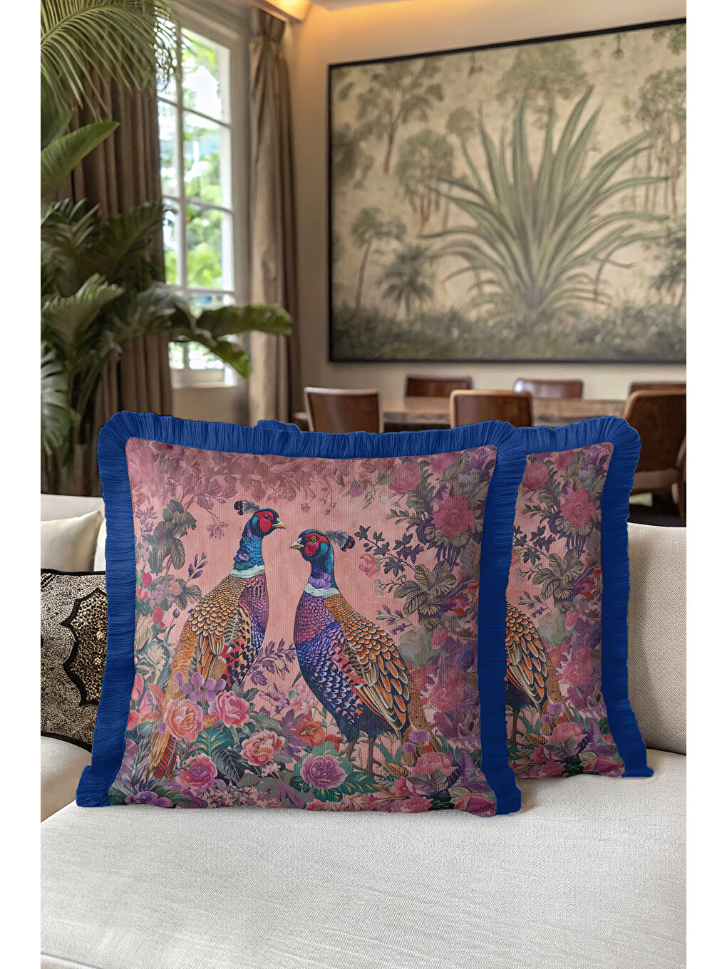 Karışık Lüks Vintage Kuşlu Saçaklı Yastık Kılıfı – Çiçek Bahçesi Bohem Lacivert Püsküllü Kırlent Kılıfı-5
