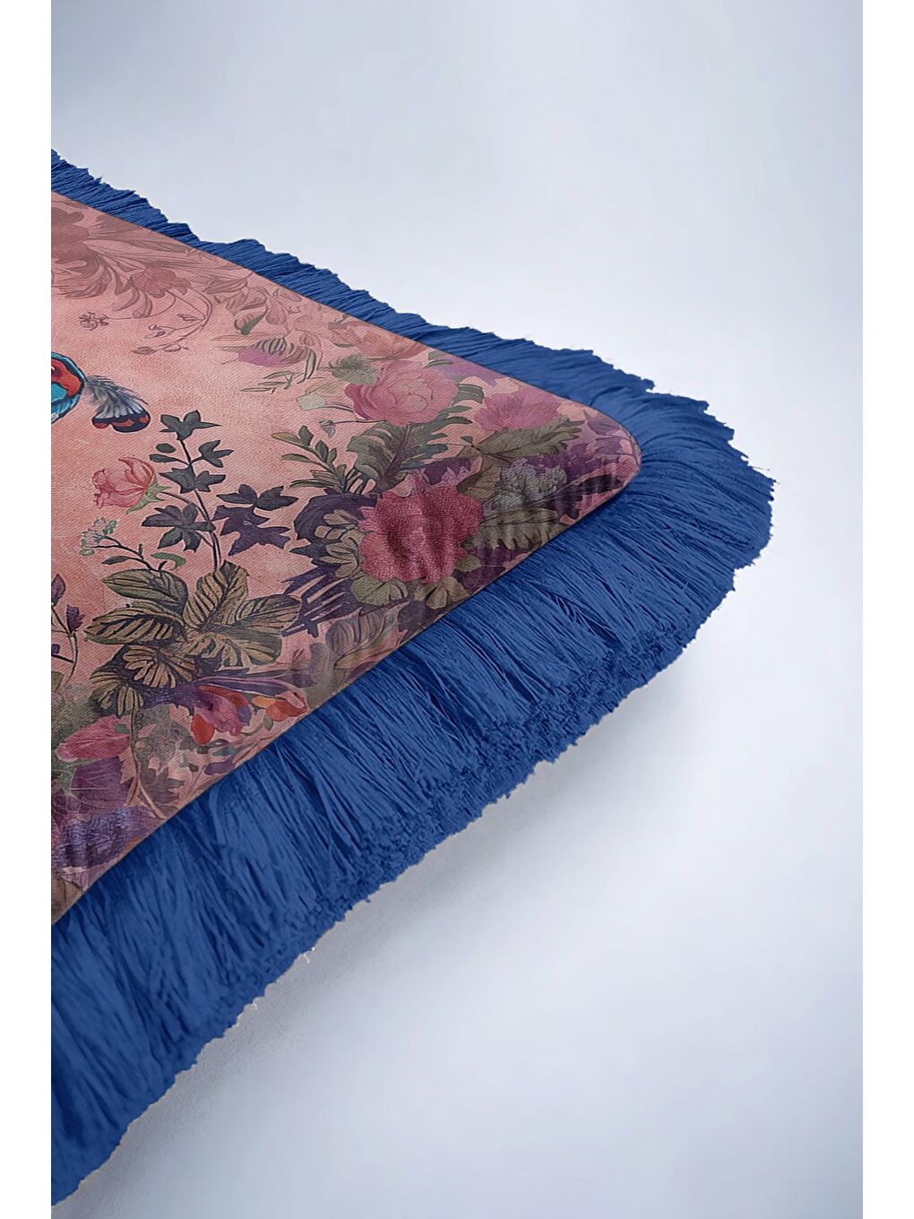 Karışık Lüks Vintage Kuşlu Saçaklı Yastık Kılıfı – Çiçek Bahçesi Bohem Lacivert Püsküllü Kırlent Kılıfı-6