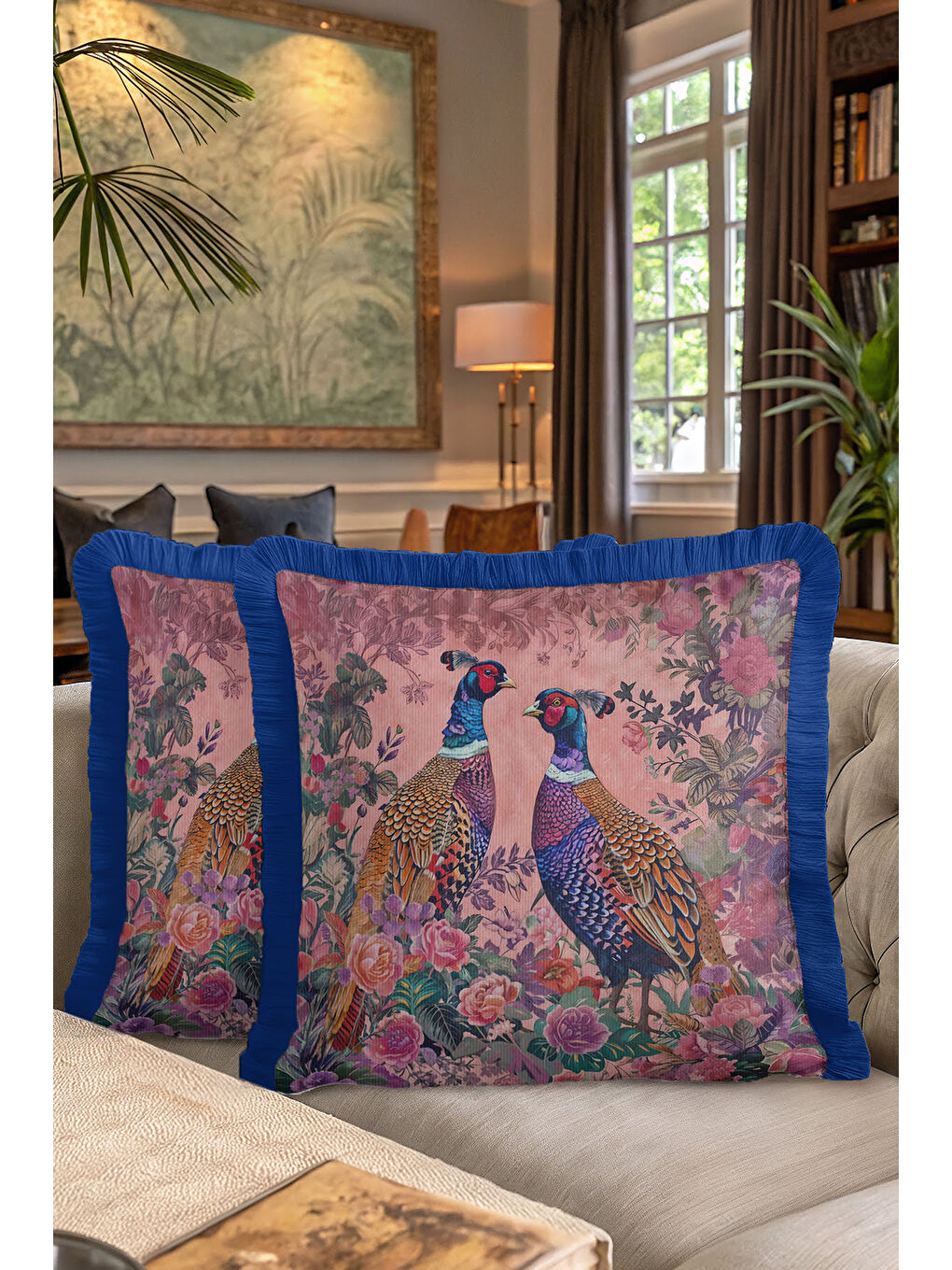 Karışık Lüks Vintage Kuşlu Saçaklı Yastık Kılıfı – Çiçek Bahçesi Bohem Lacivert Püsküllü Kırlent Kılıfı-7