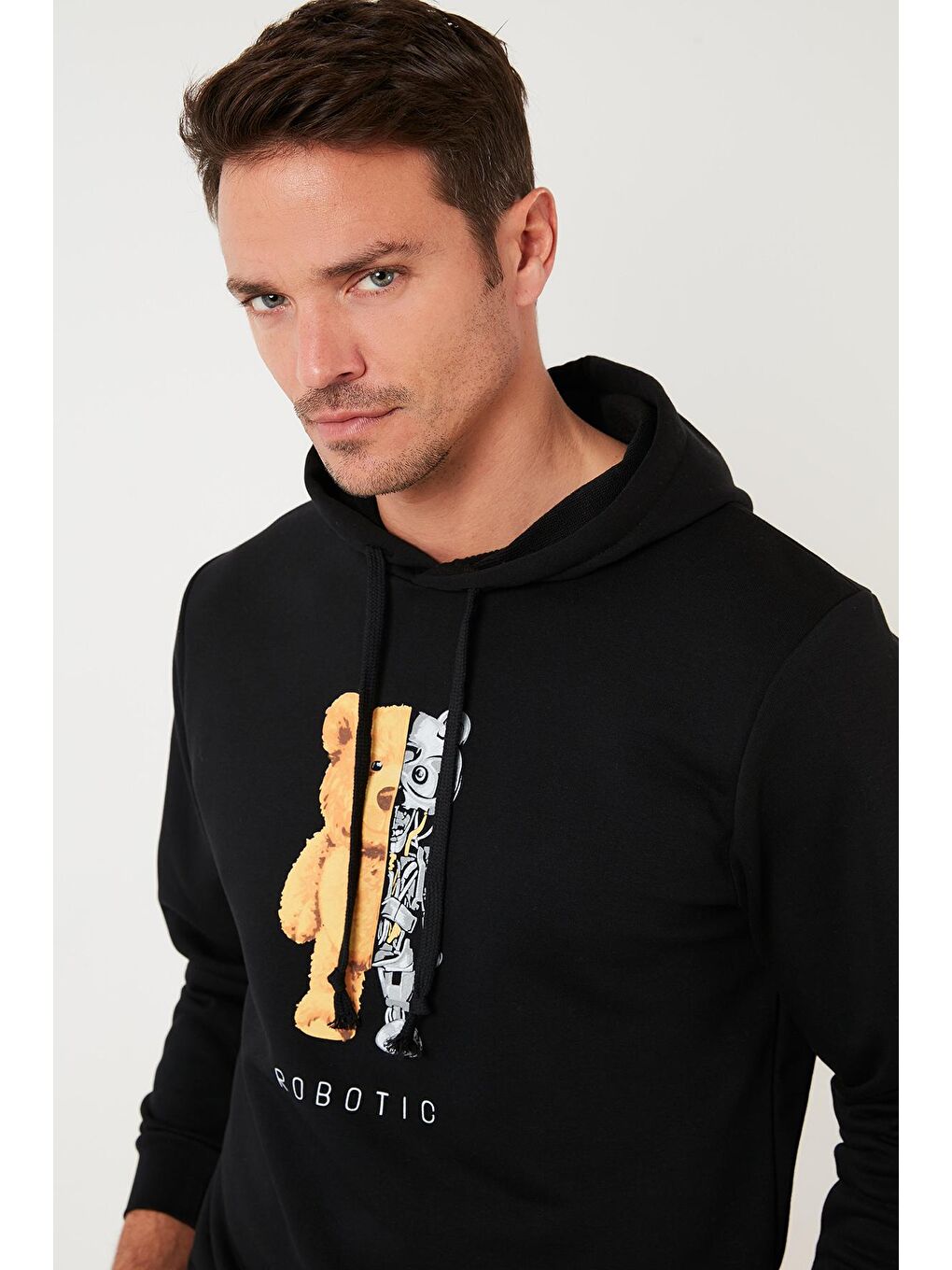 Siyah Baskı Detaylı Pamuklu Kapüşonlu Slim Fit Sweat 5905236