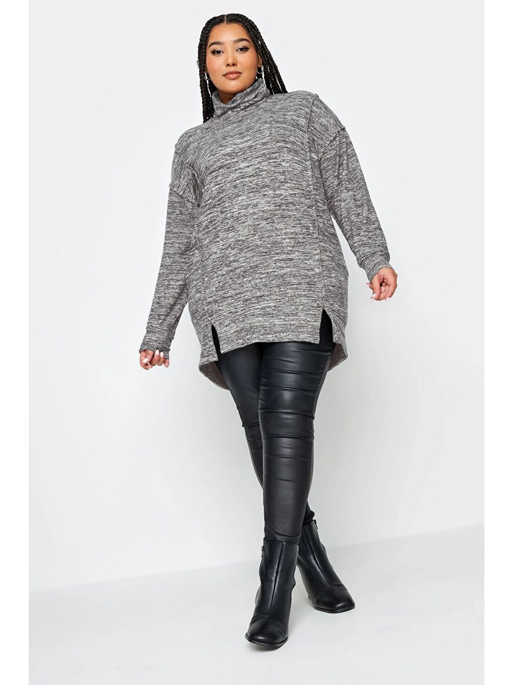 Gri Büyük Beden Yumuşak Dokulu Uzun Kollu Balıkçı Yaka Kazak 302799-3