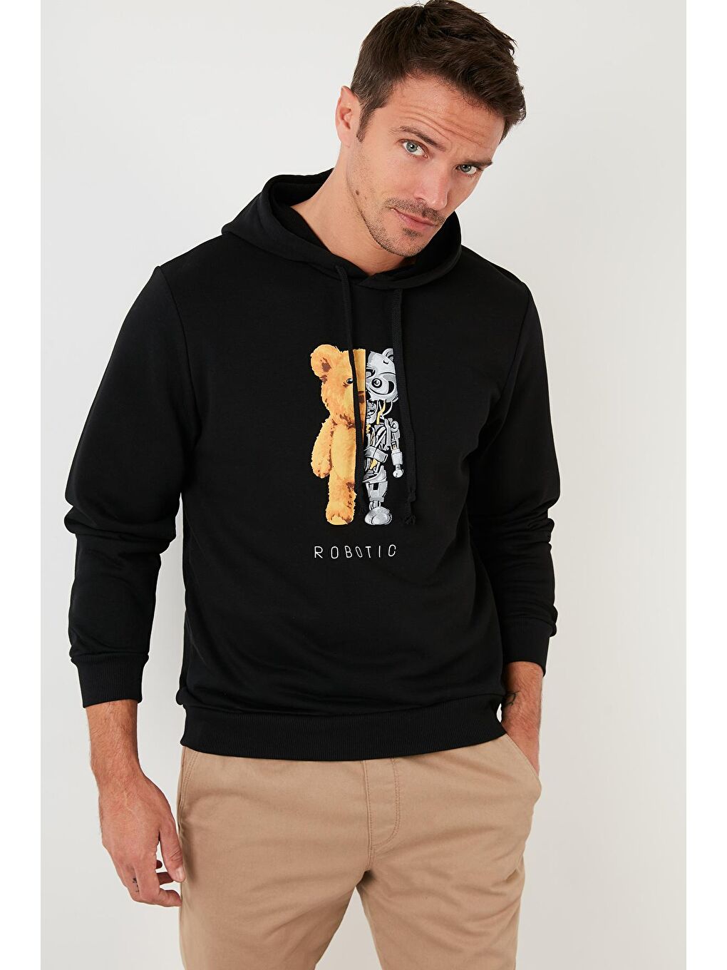 Siyah Baskı Detaylı Pamuklu Kapüşonlu Slim Fit Sweat 5905236-2