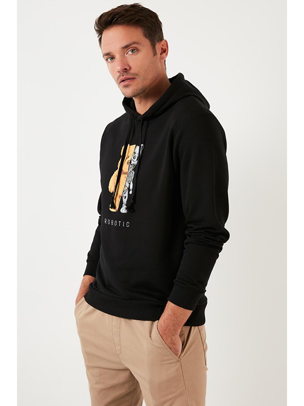 Siyah Baskı Detaylı Pamuklu Kapüşonlu Slim Fit Sweat 5905236-3