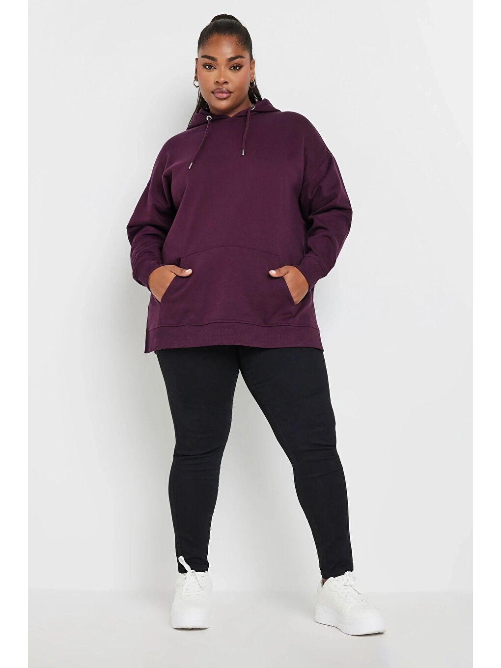 Bordo Büyük Beden Yumuşak Dokulu Kapüşonlu Uzun Kollu Cepli Sweatshirt 126622-1