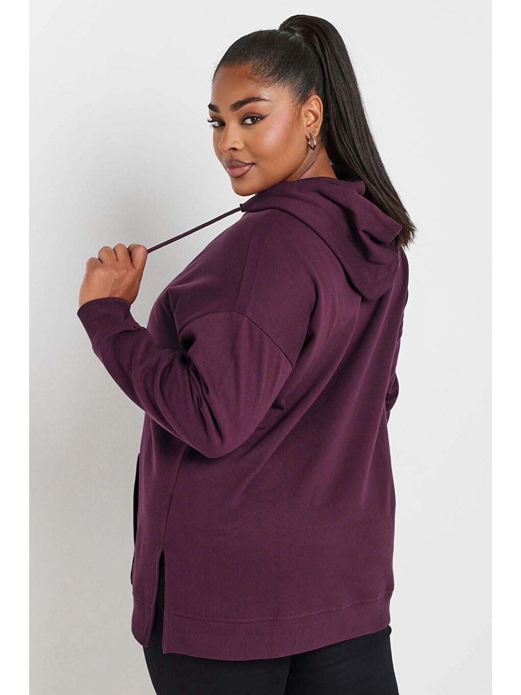 Bordo Büyük Beden Yumuşak Dokulu Kapüşonlu Uzun Kollu Cepli Sweatshirt 126622-3