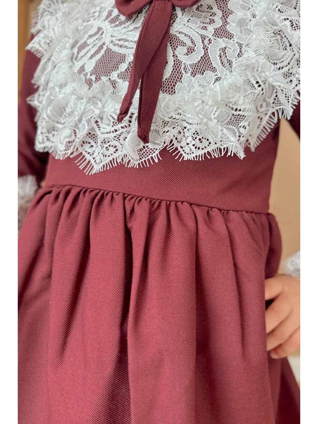 Bordo Dantel Detaylı Bordo Kız Çocuk Elbise - Gina-1