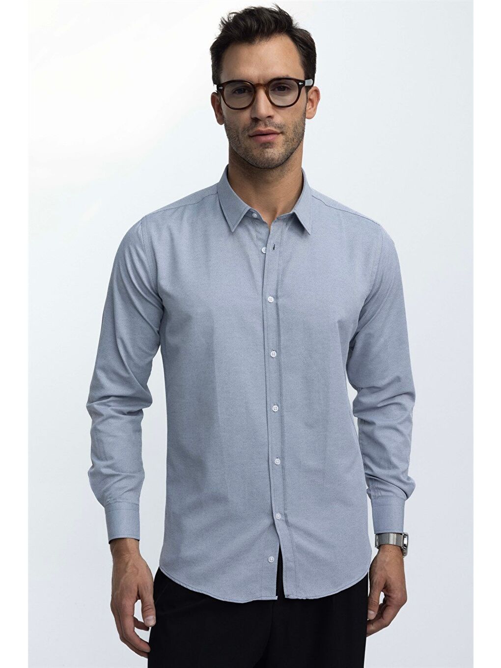 Modern Slim Fit Uzun Kollu Pamuklu Kolay Ütü Armürlü Erkek Gri Gömlek