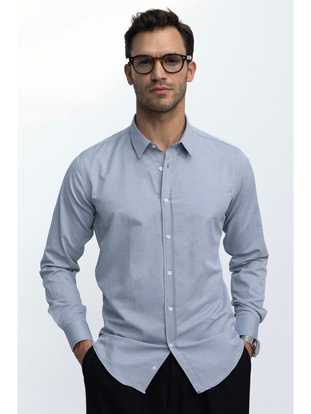 Modern Slim Fit Uzun Kollu Pamuklu Kolay Ütü Armürlü Erkek Gri Gömlek-1