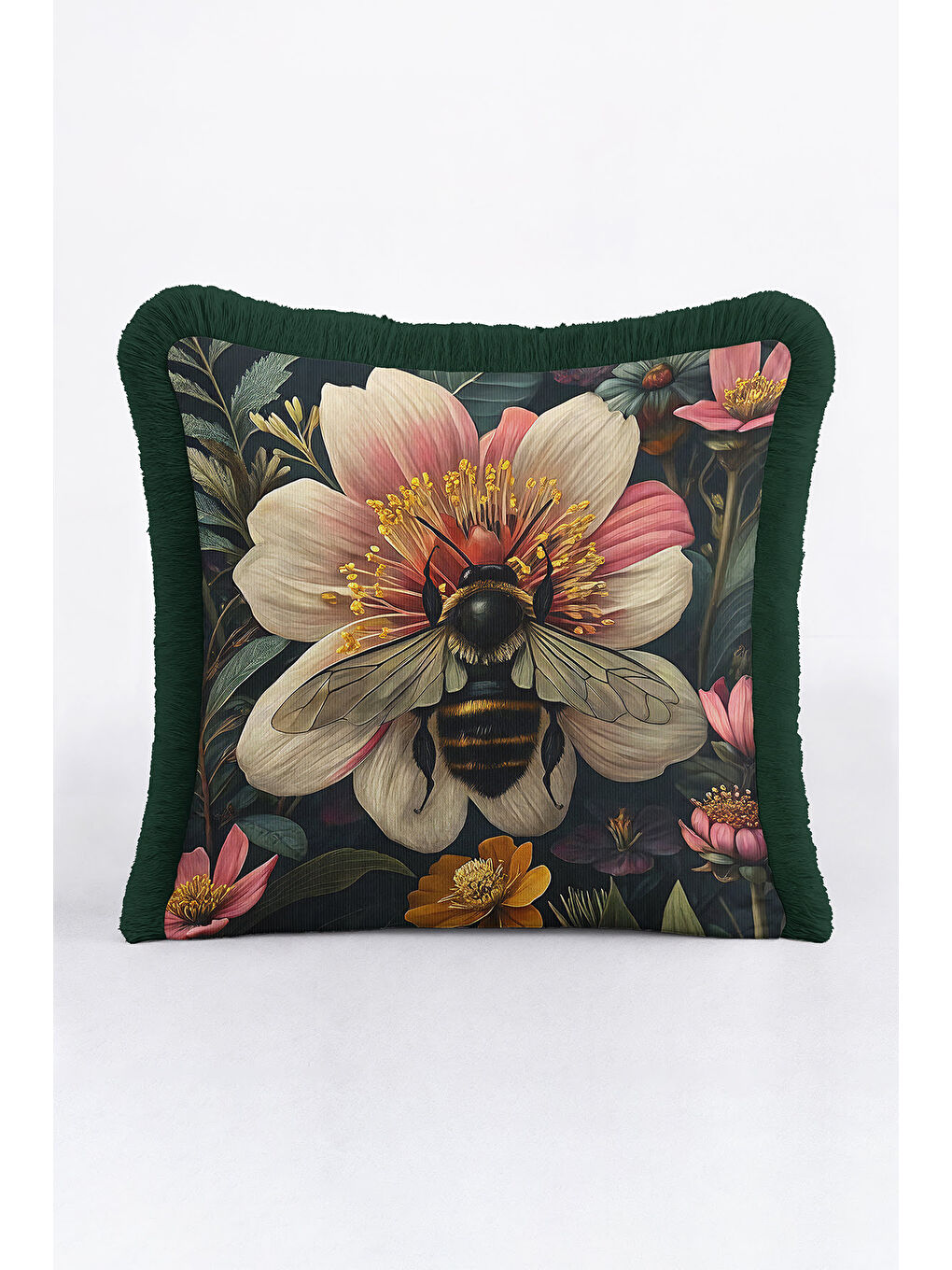 Karışık Lüks Vintage Çiçek Arı Saçaklı Yastık Kılıfı - Botanik Bohem Yeşil Altın Püsküllü Kırlent Kılıfı-1