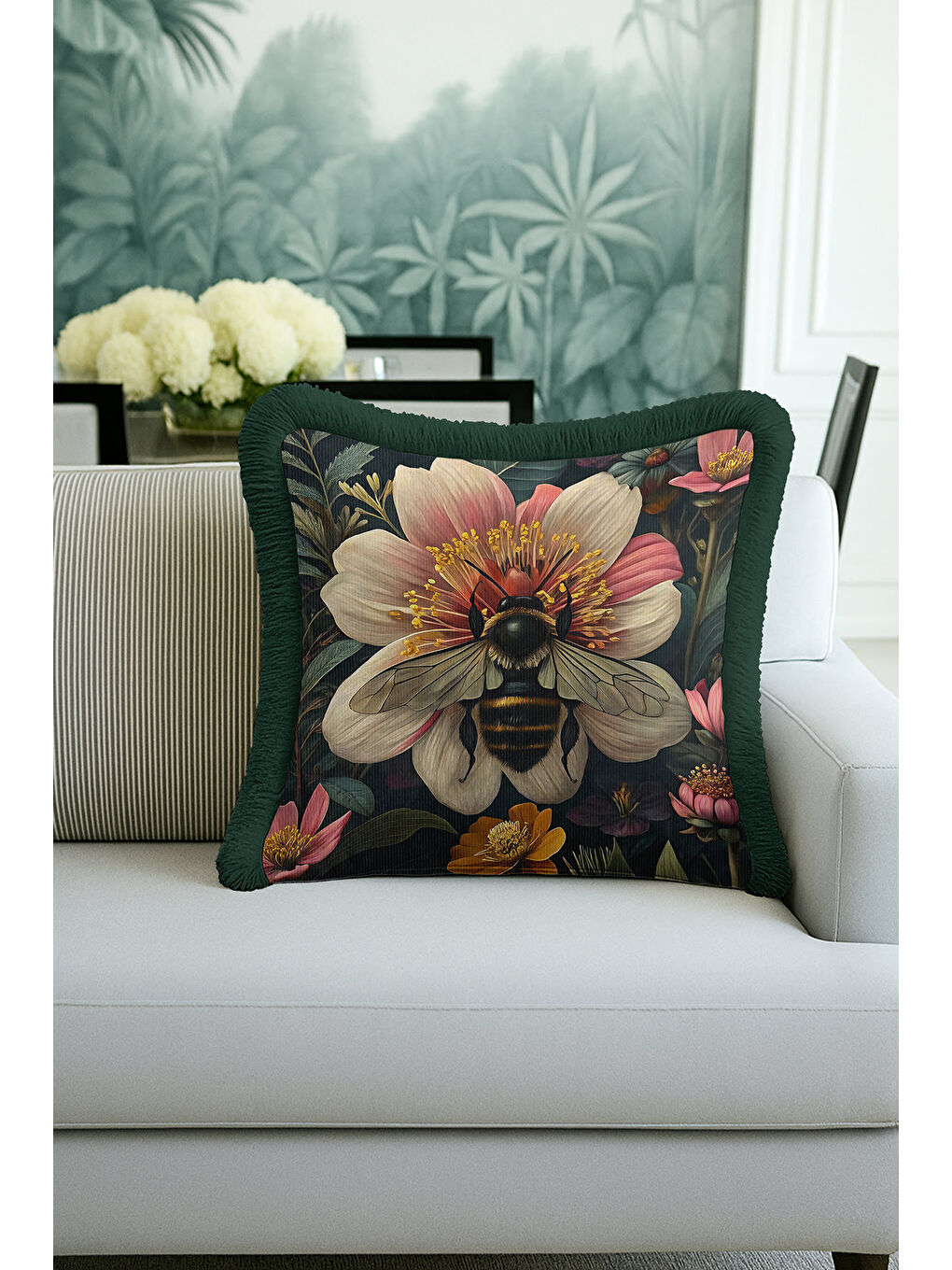 Karışık Lüks Vintage Çiçek Arı Saçaklı Yastık Kılıfı - Botanik Bohem Yeşil Altın Püsküllü Kırlent Kılıfı-2