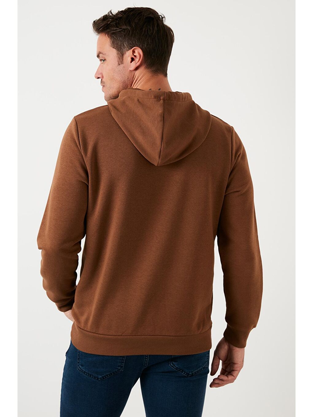Kahverengi Pamuklu Baskılı Kapüşonlu Slim Fit Erkek Hoodie 5905238-4