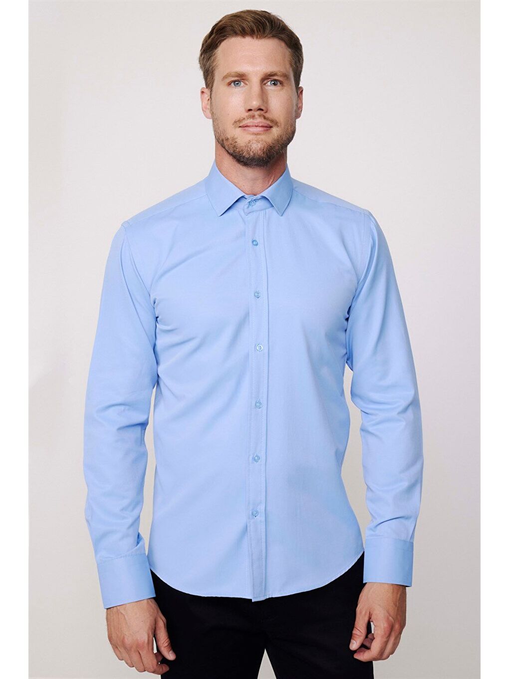 Erkek Modern Slim Fit Pamuklu Düz Mavi Gömlek-1