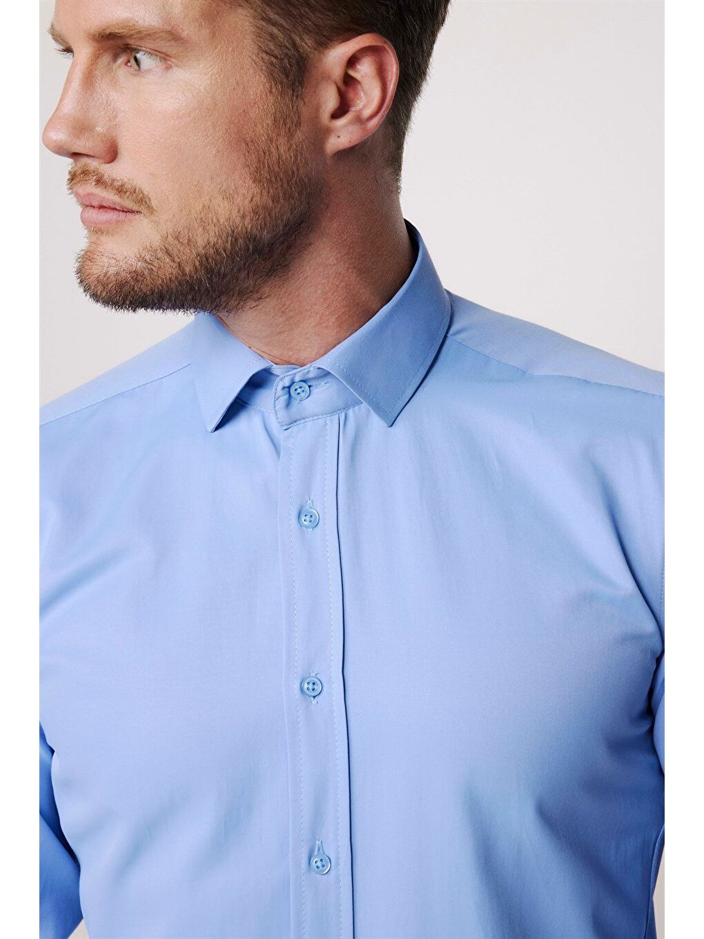 Erkek Modern Slim Fit Pamuklu Düz Mavi Gömlek-2