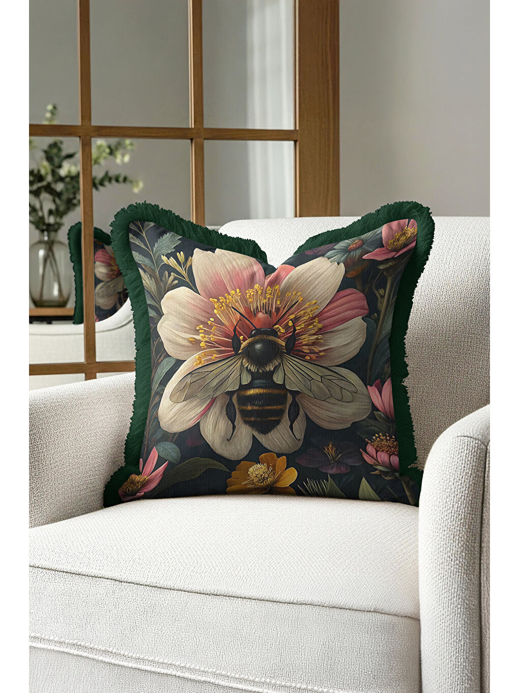 Karışık Lüks Vintage Çiçek Arı Saçaklı Yastık Kılıfı - Botanik Bohem Yeşil Altın Püsküllü Kırlent Kılıfı-3