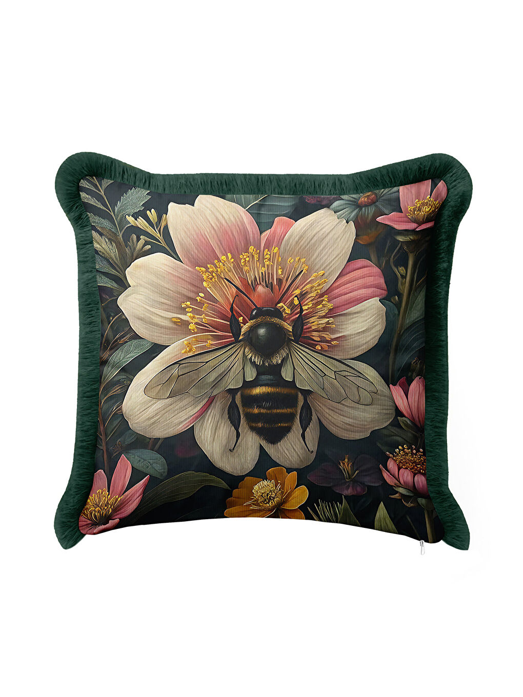 Karışık Lüks Vintage Çiçek Arı Saçaklı Yastık Kılıfı - Botanik Bohem Yeşil Altın Püsküllü Kırlent Kılıfı-4