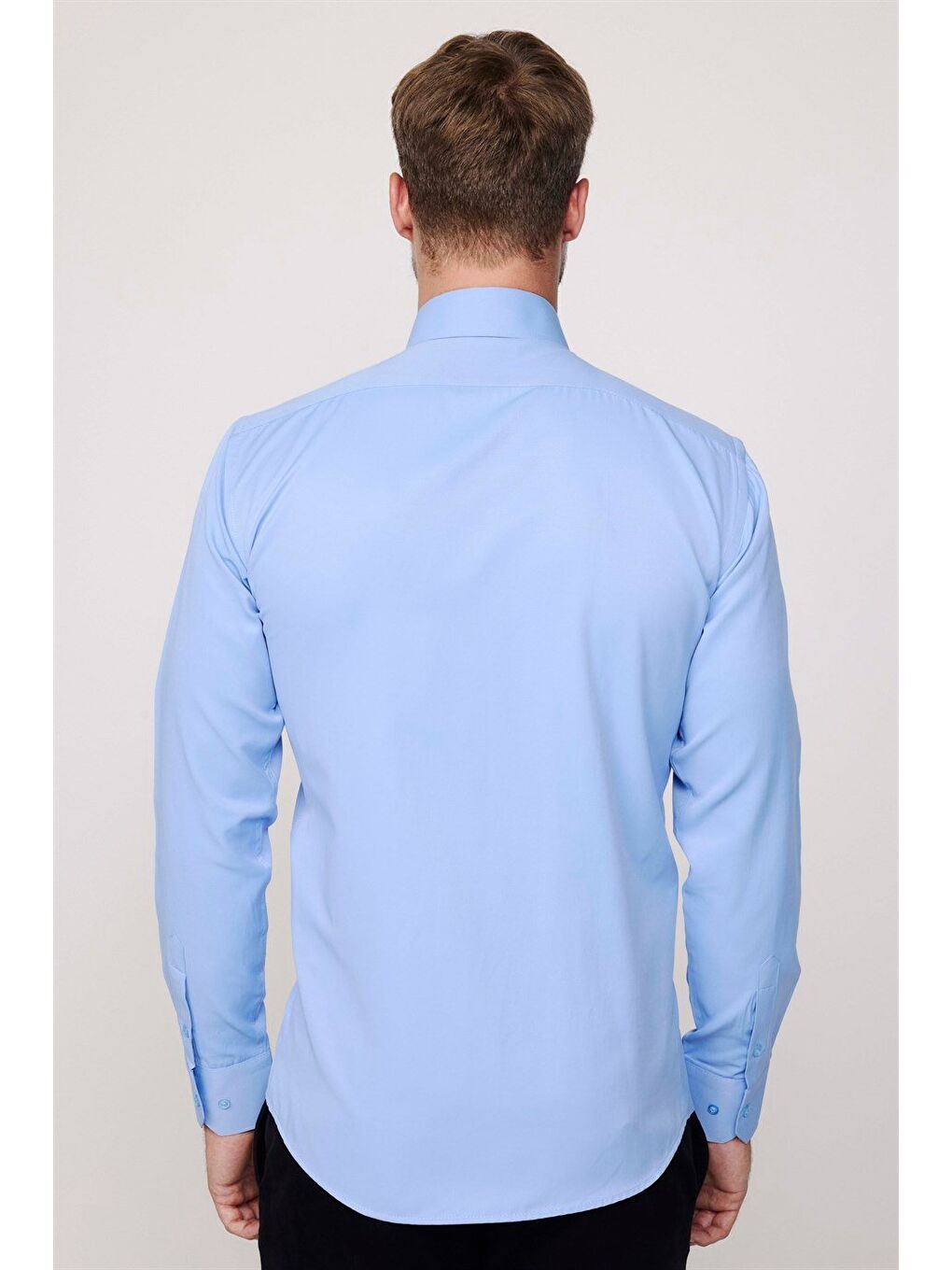 Erkek Modern Slim Fit Pamuklu Düz Mavi Gömlek-4
