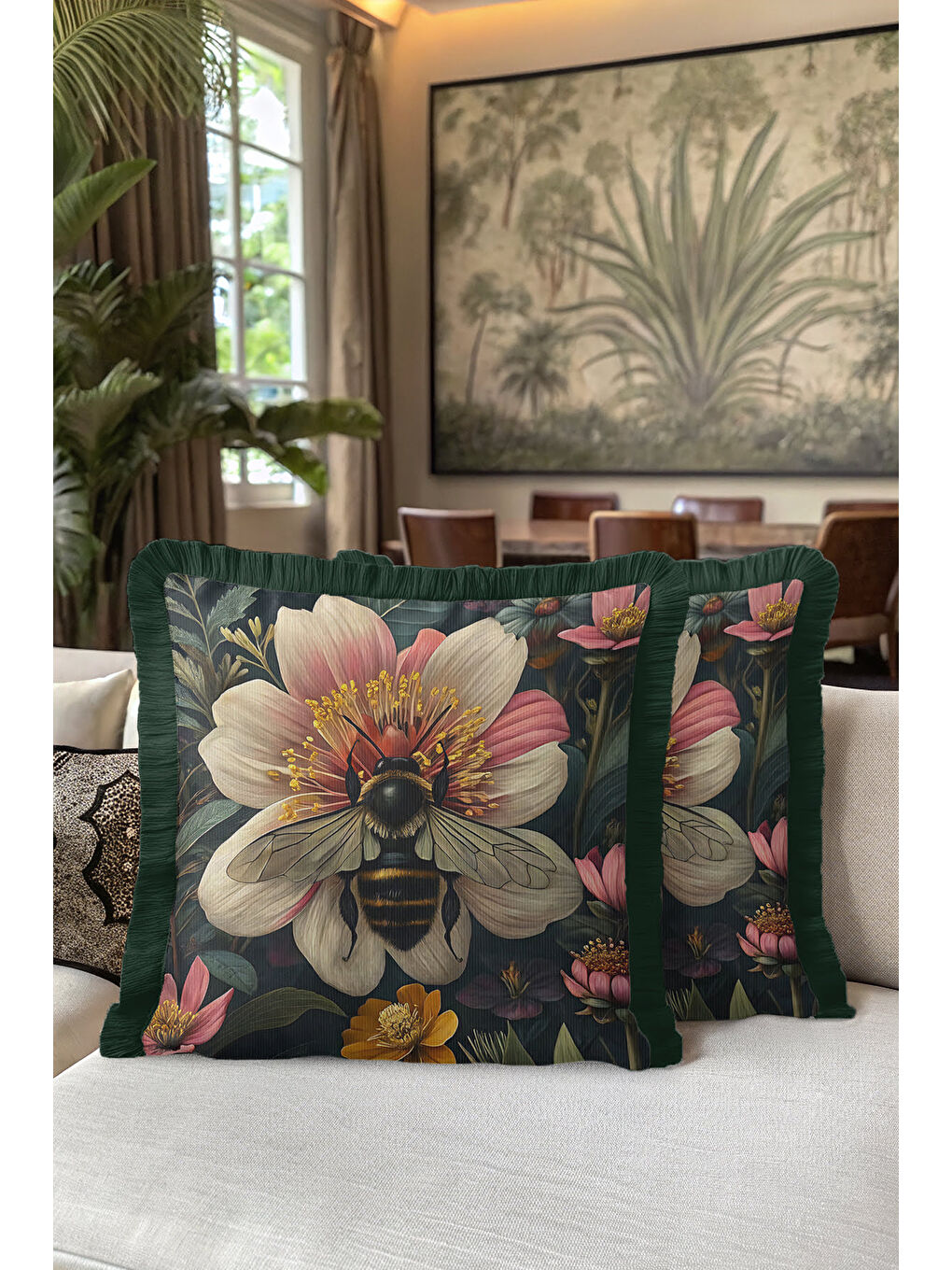 Karışık Lüks Vintage Çiçek Arı Saçaklı Yastık Kılıfı - Botanik Bohem Yeşil Altın Püsküllü Kırlent Kılıfı-5