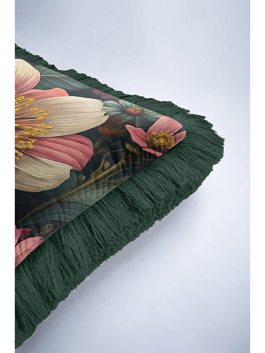 Karışık Lüks Vintage Çiçek Arı Saçaklı Yastık Kılıfı - Botanik Bohem Yeşil Altın Püsküllü Kırlent Kılıfı-6