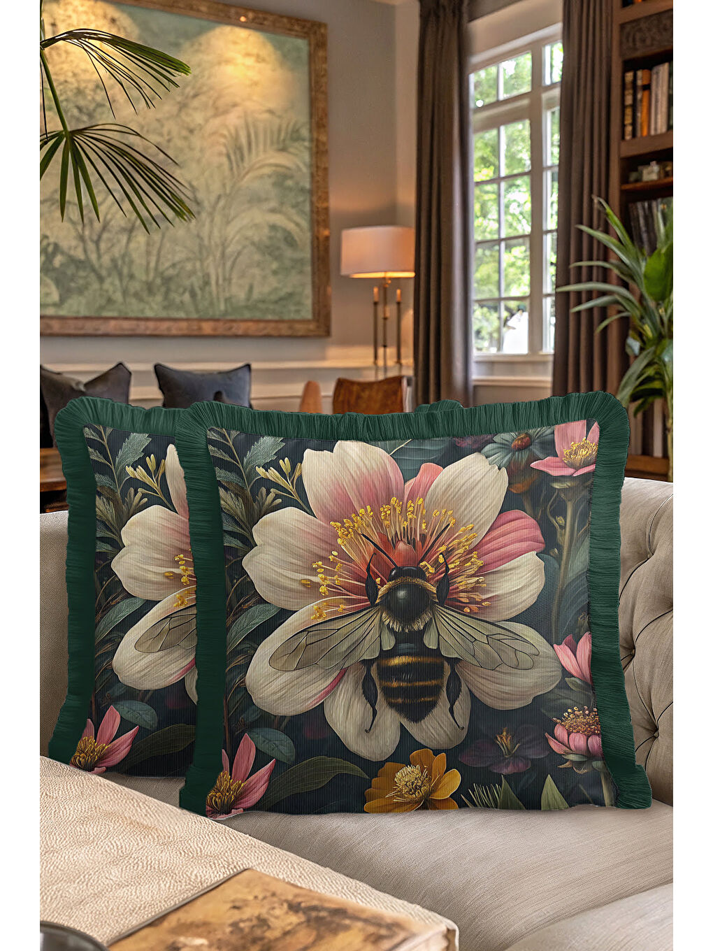 Karışık Lüks Vintage Çiçek Arı Saçaklı Yastık Kılıfı - Botanik Bohem Yeşil Altın Püsküllü Kırlent Kılıfı-7