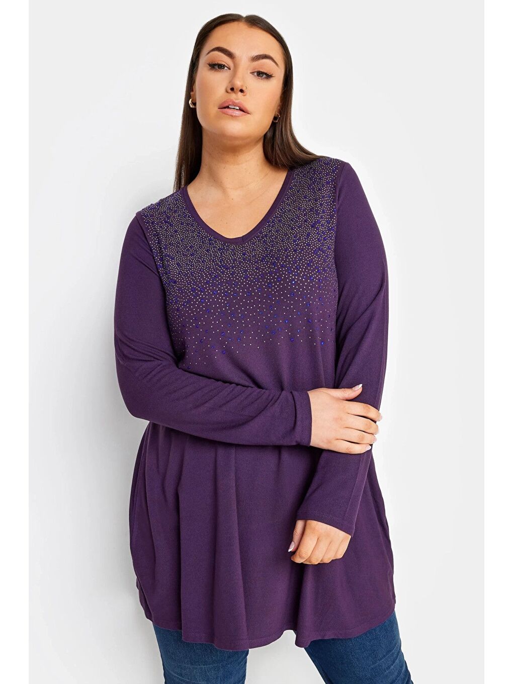 Mor Büyük Beden V Yaka Uzun Kollu Önü Taş İşlemeli Bluz 302919