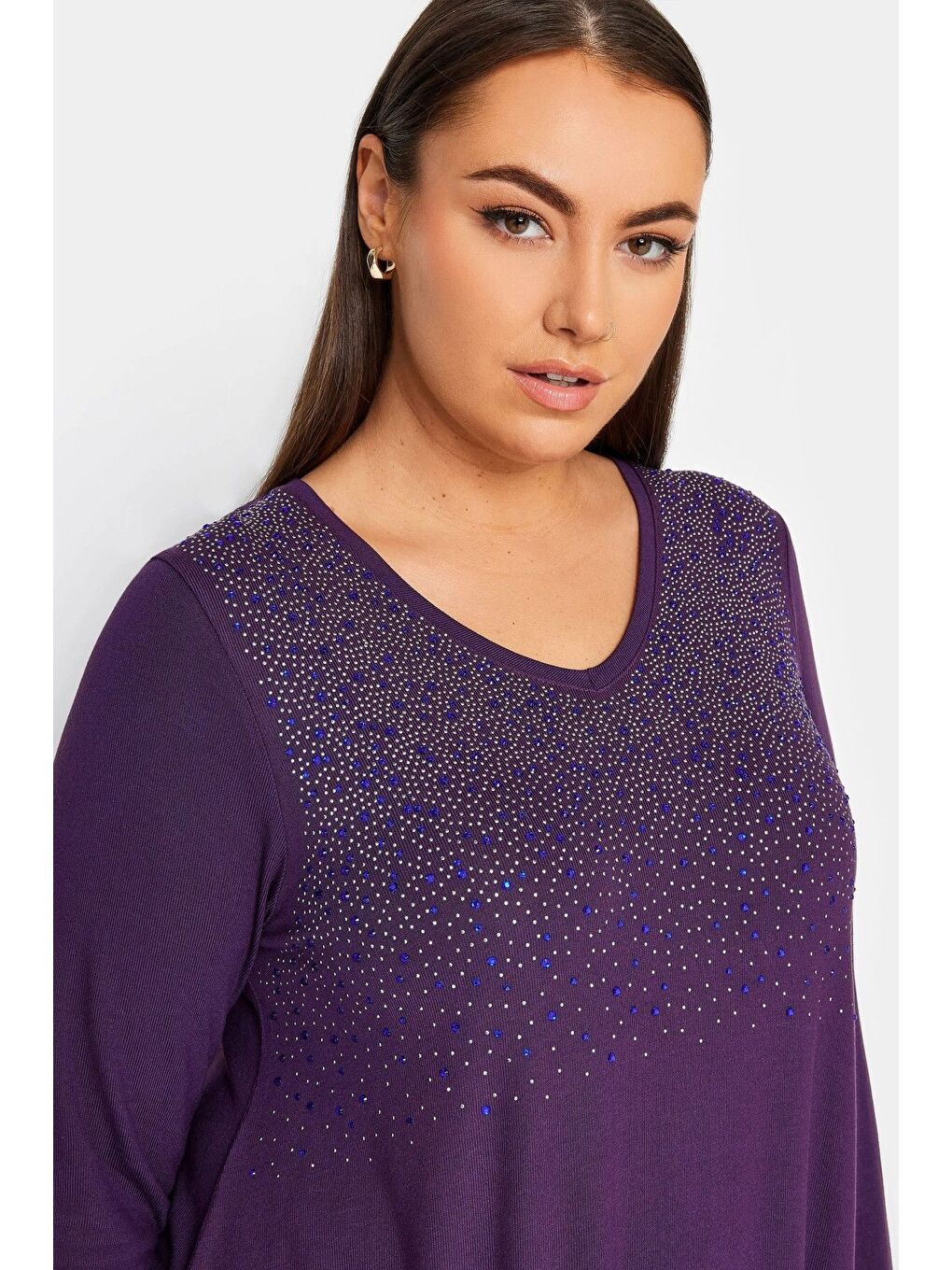Mor Büyük Beden V Yaka Uzun Kollu Önü Taş İşlemeli Bluz 302919-1