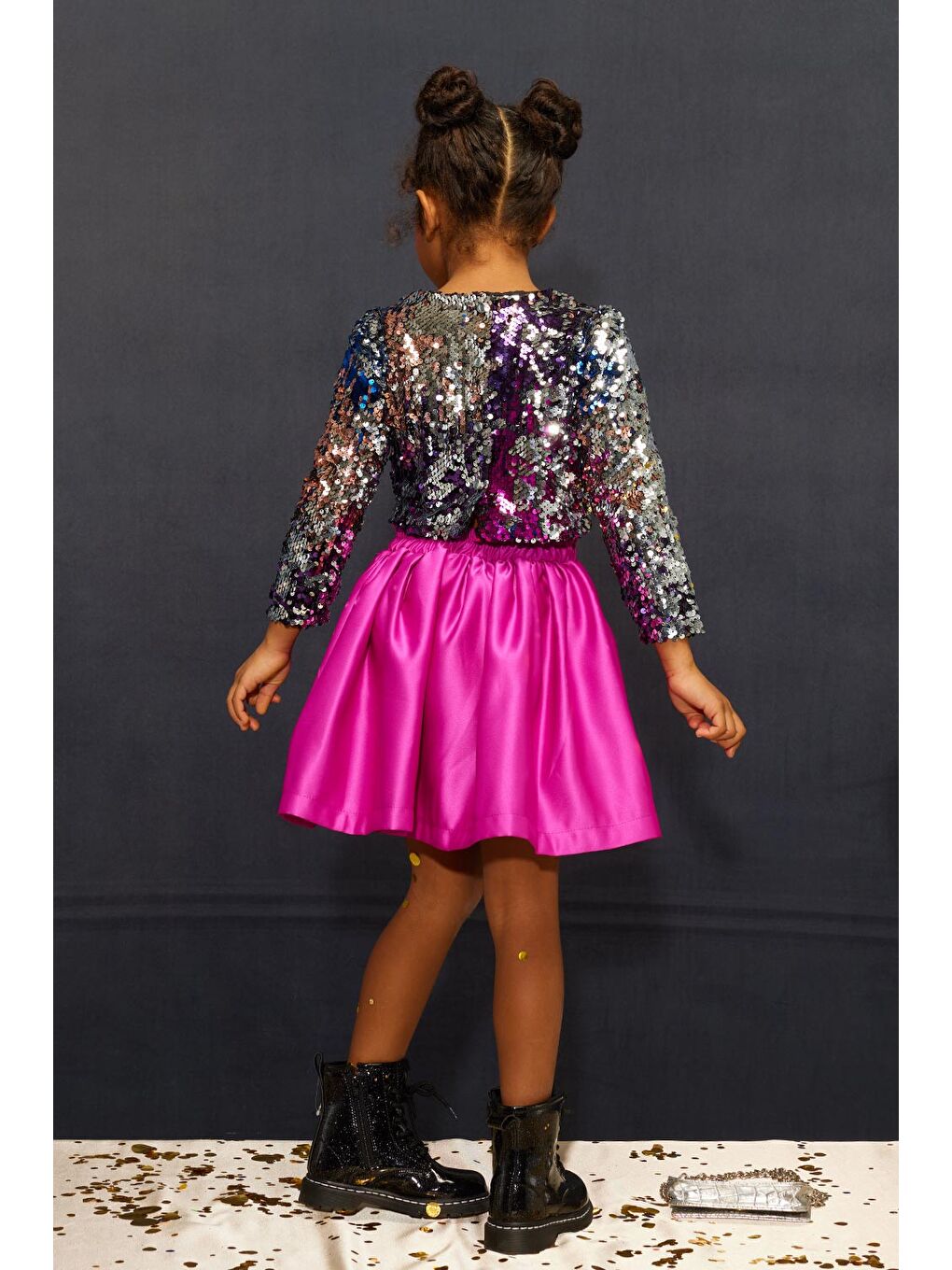 Fuşya Payetli Etek Crop Kız Çocuk İkili Takım - Beatrice-1