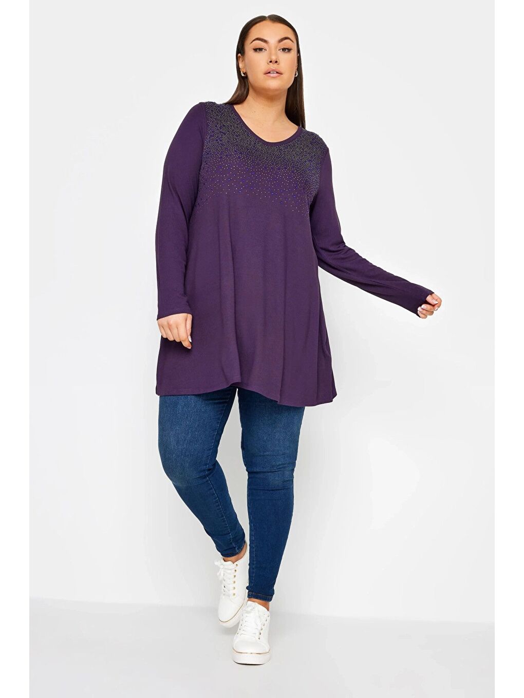 Mor Büyük Beden V Yaka Uzun Kollu Önü Taş İşlemeli Bluz 302919-3