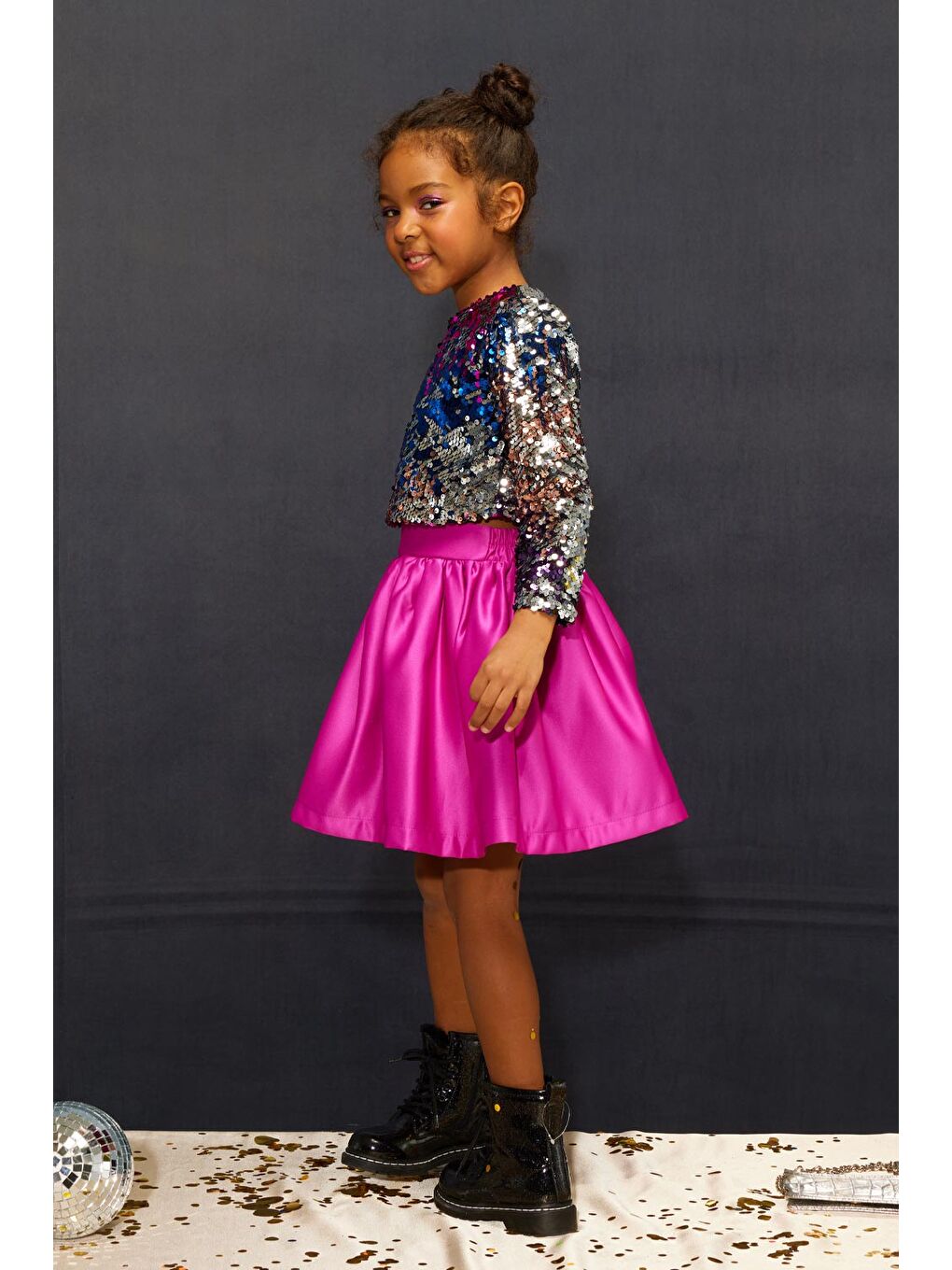 Fuşya Payetli Etek Crop Kız Çocuk İkili Takım - Beatrice-2