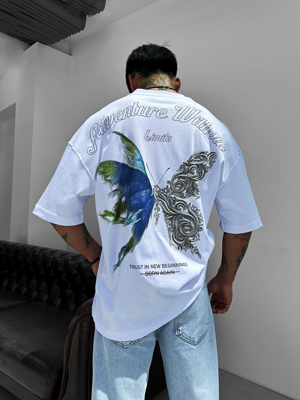 Erkek Adventure Baskılı Oversize Tişört Beyaz